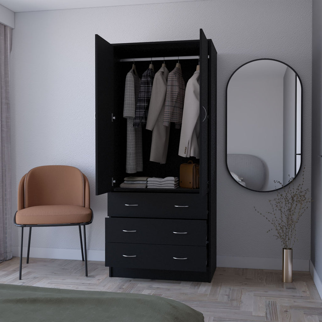 FM FURNITURE Prescott Armoire, with 2 doors, 3 drawers and 1 hanging rod, Black