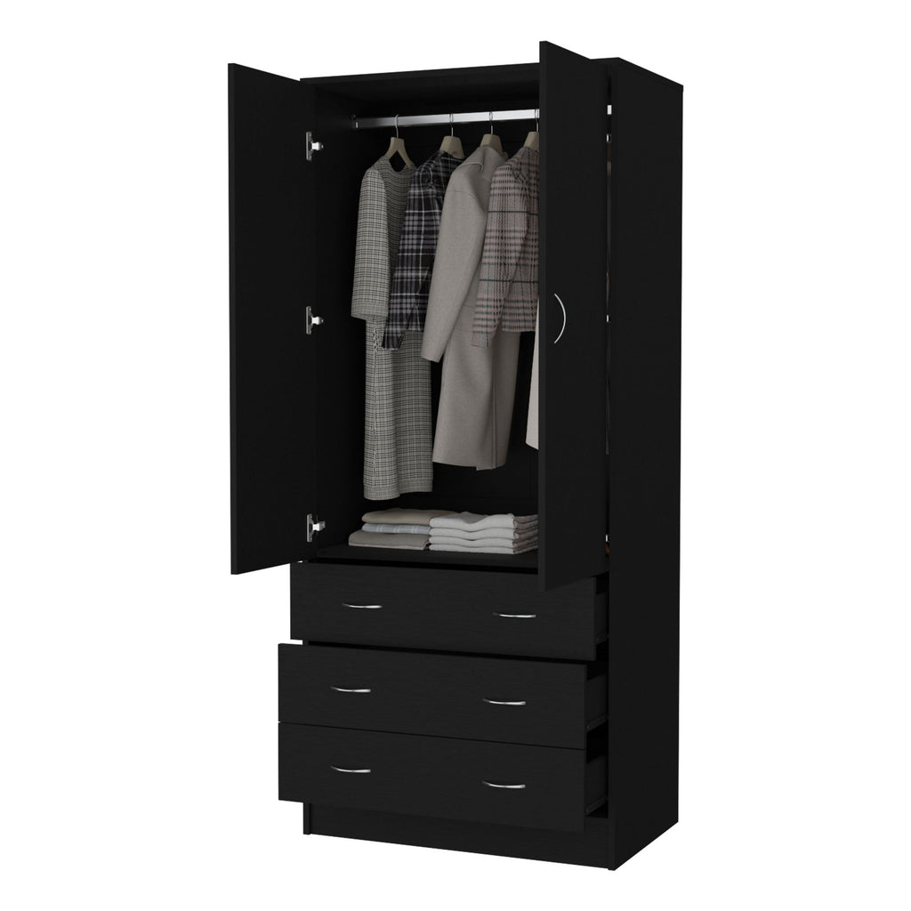 FM FURNITURE Prescott Armoire, with 2 doors, 3 drawers and 1 hanging rod, Black