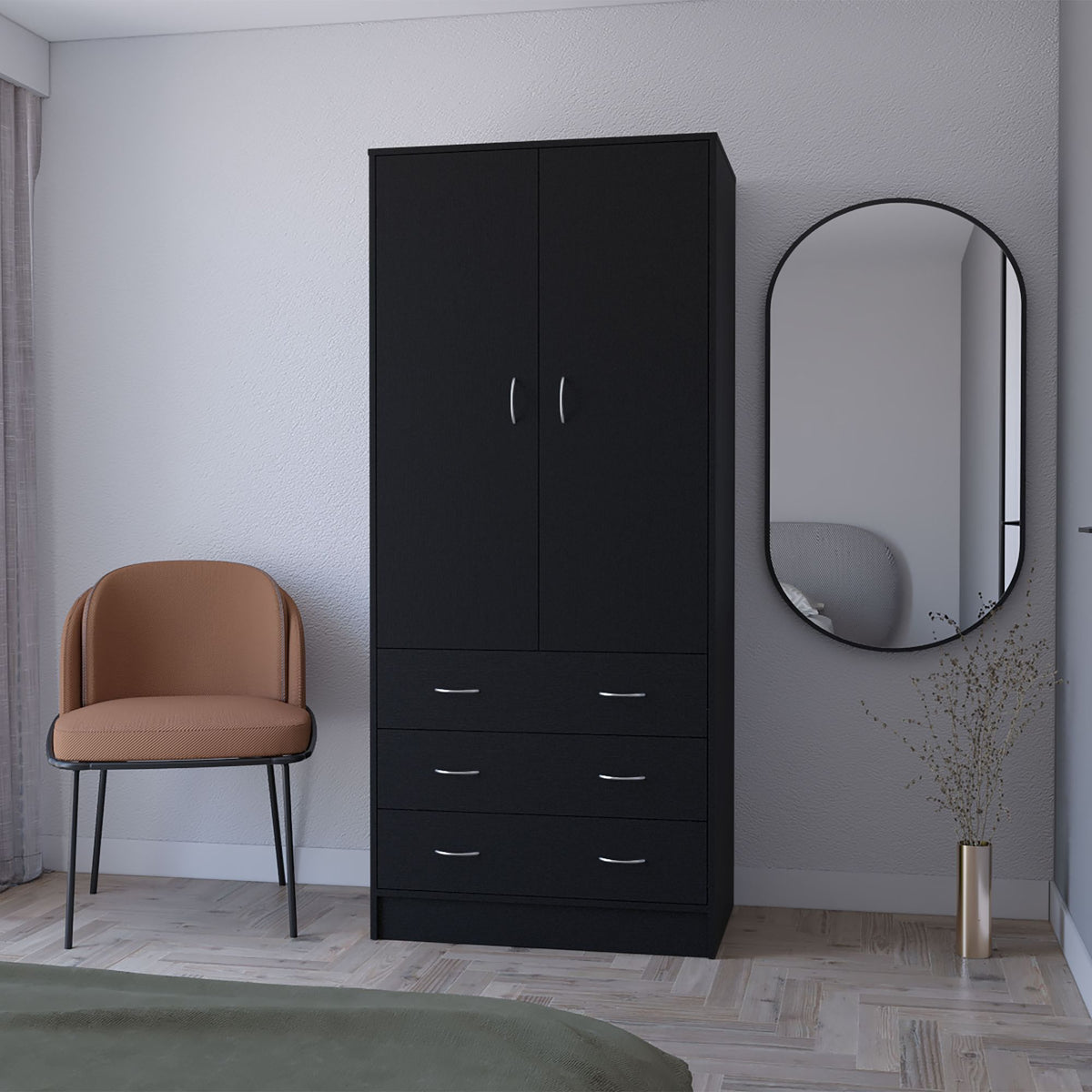 FM FURNITURE Prescott Armoire, with 2 doors, 3 drawers and 1 hanging rod, Black