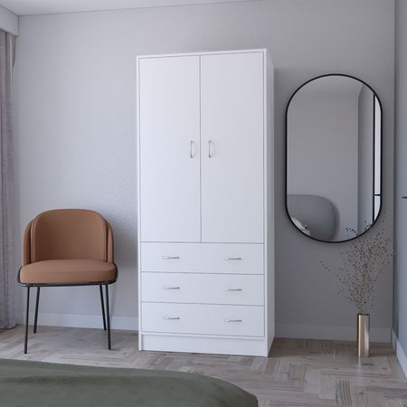 FM FURNITURE Prescott Armoire, with 2 doors, 3 drawers and 1 hanging rod, White