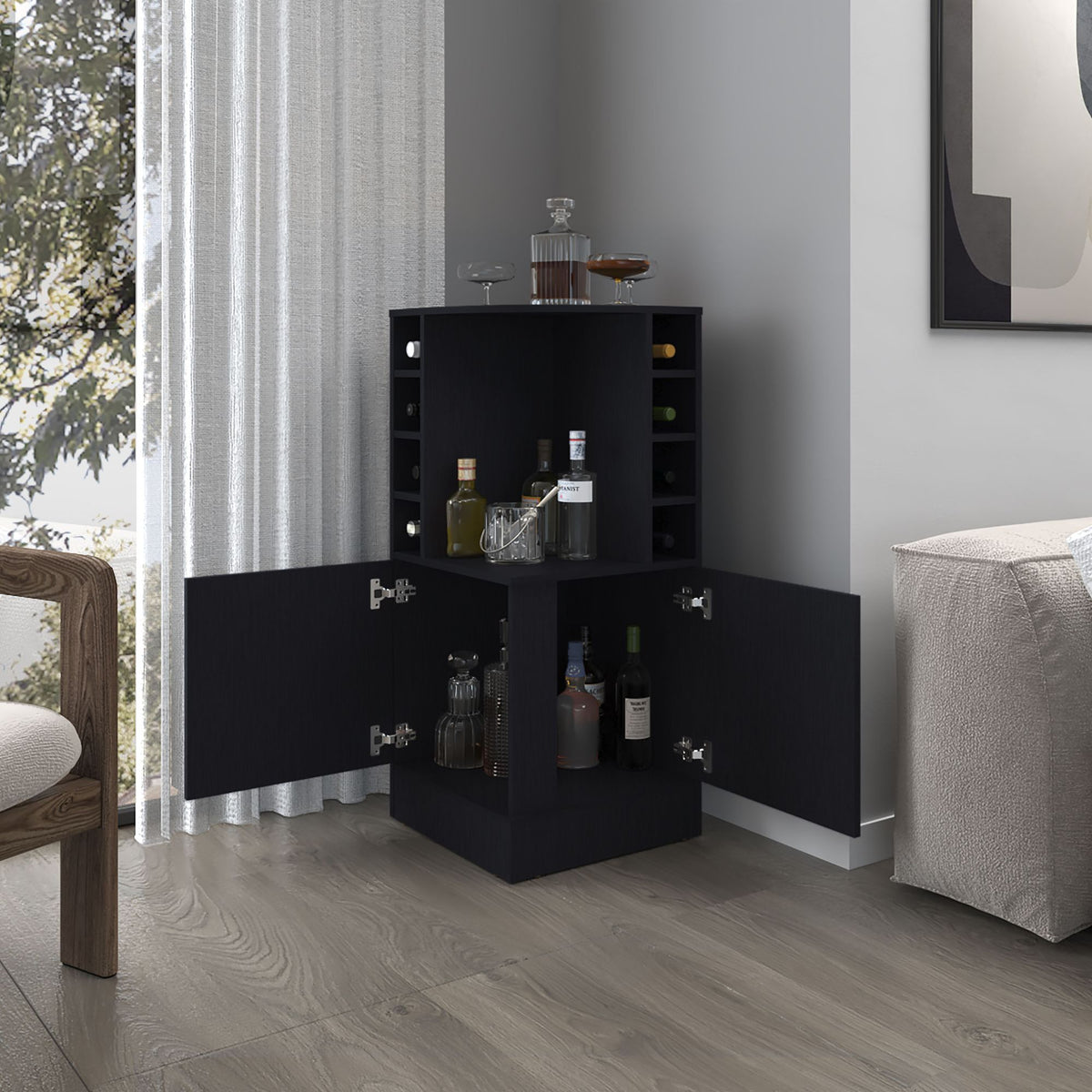 Corner Bar Cabinet with Wine Rack, Open Shelves, and Hidden Storage
