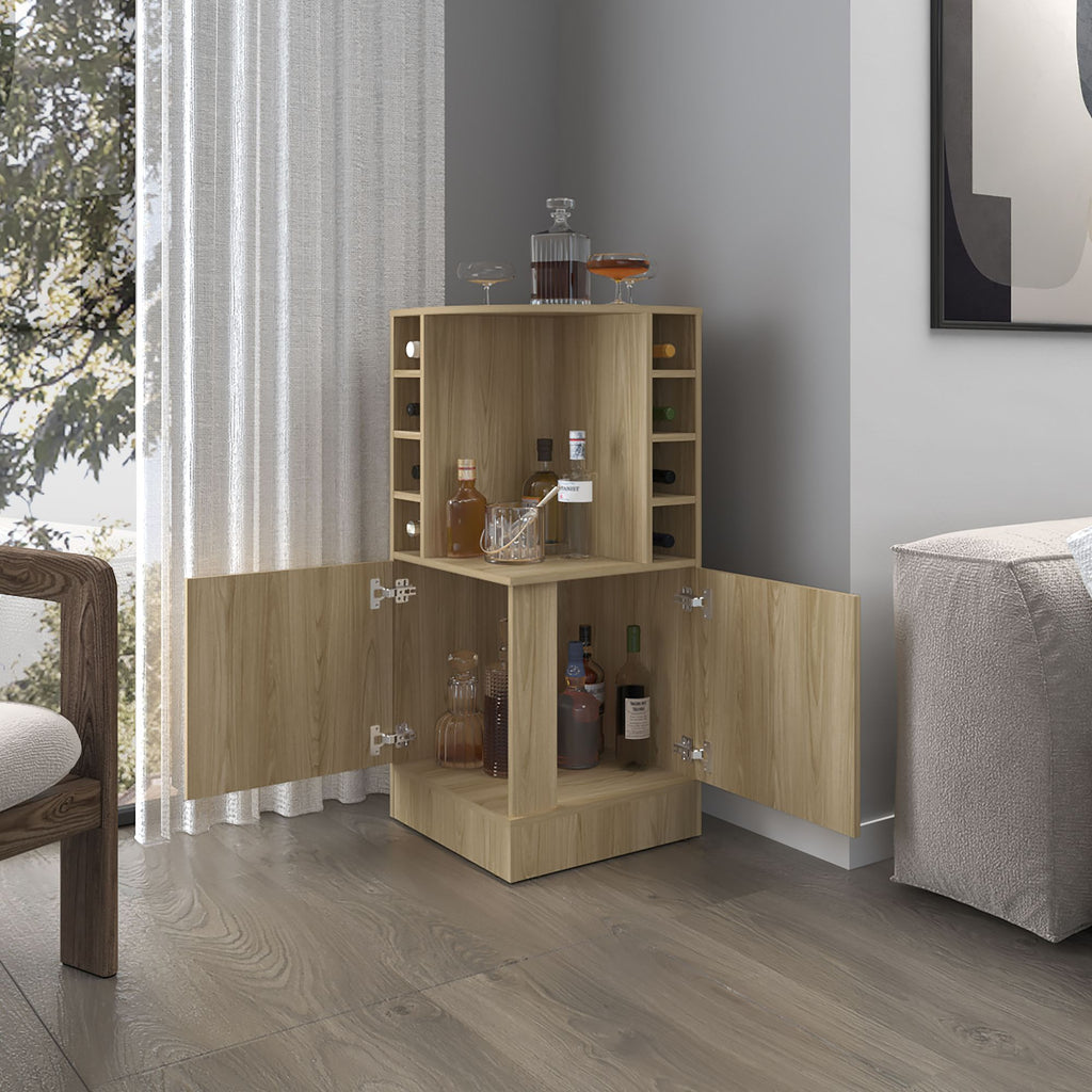 FM FURNITURE Toyei Corner Bar Cabinet with Bottle Rack, Open Shelves, and Hidden Storage
