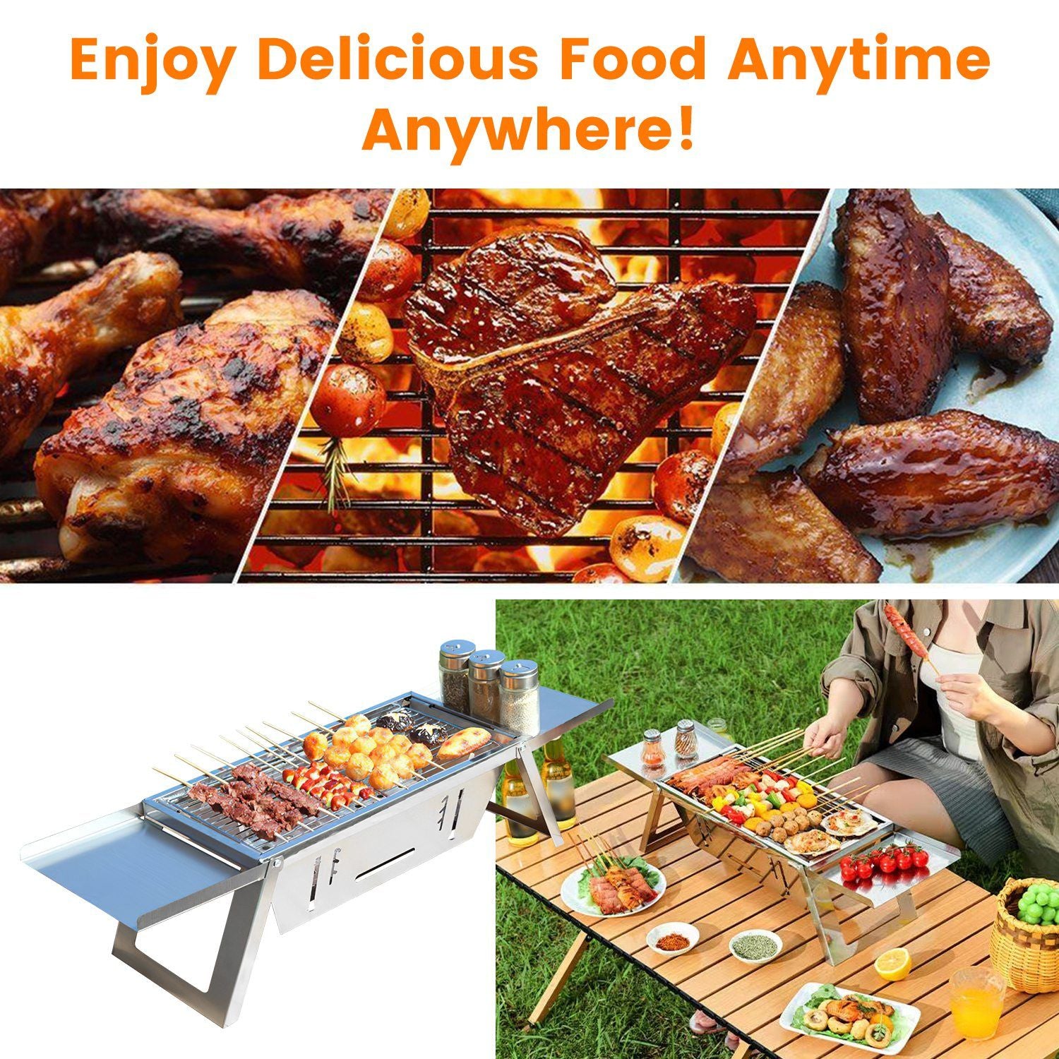 Foldable Charcoal BBQ Grill Stainless Steel Grill Net Easy Setup Portable Tabletop Barbecue Grill fo