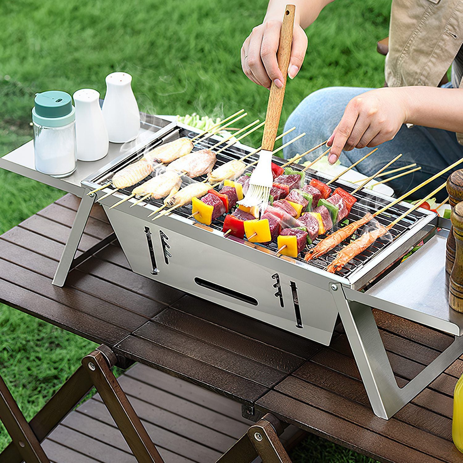Foldable Charcoal BBQ Grill Stainless Steel Grill Net Easy Setup Portable Tabletop Barbecue Grill fo