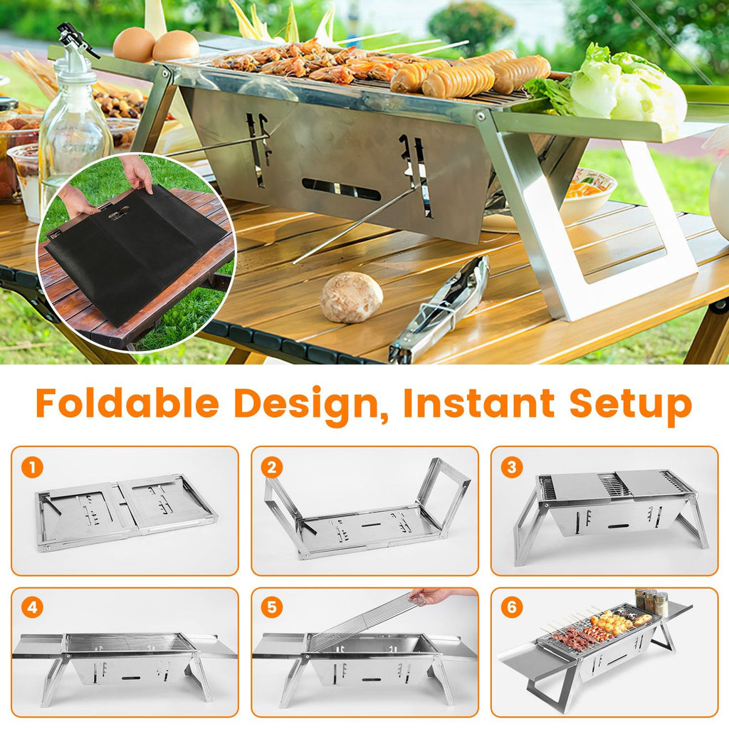 Foldable Charcoal BBQ Grill Stainless Steel Grill Net Easy Setup Portable Tabletop Barbecue Grill fo