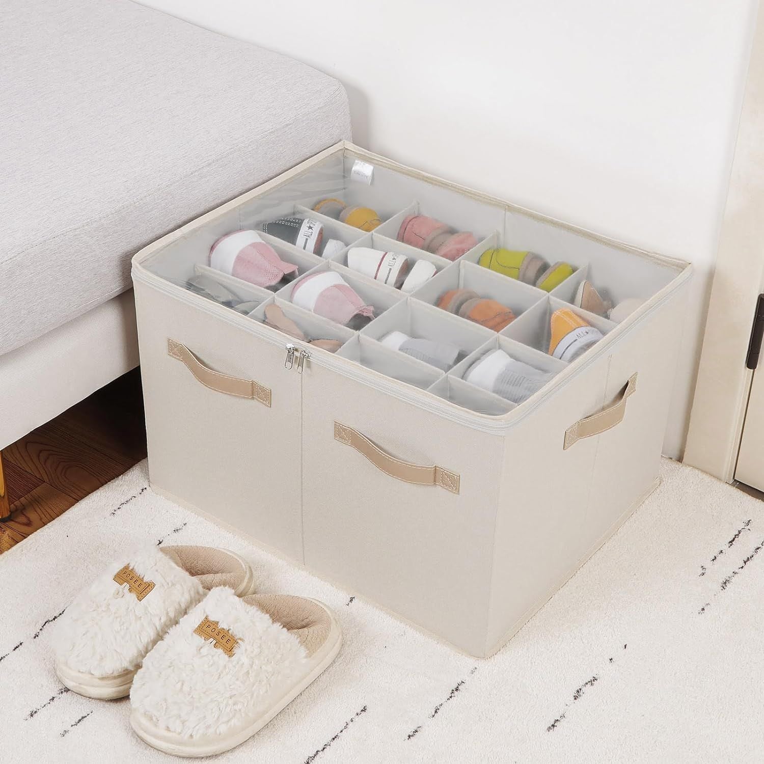 Foldable Shoe Box with Adjustable Dividers and Clear Cover