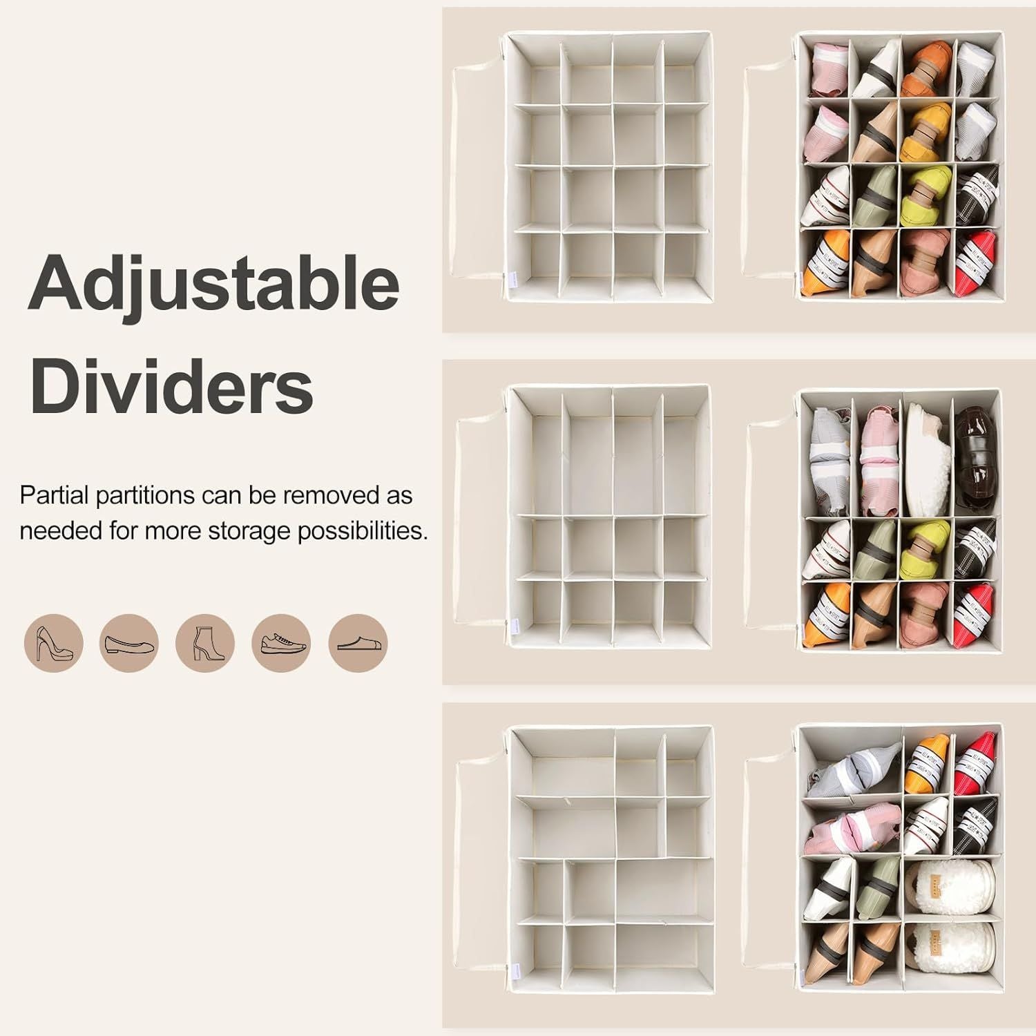 Foldable Shoe Box with Adjustable Dividers and Clear Cover