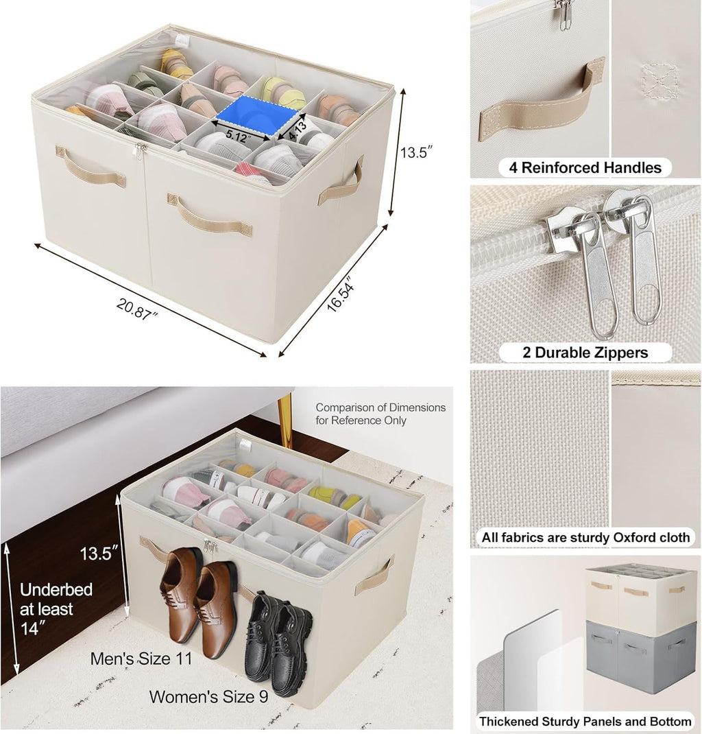 Foldable Shoe Box with Adjustable Dividers and Clear Cover
