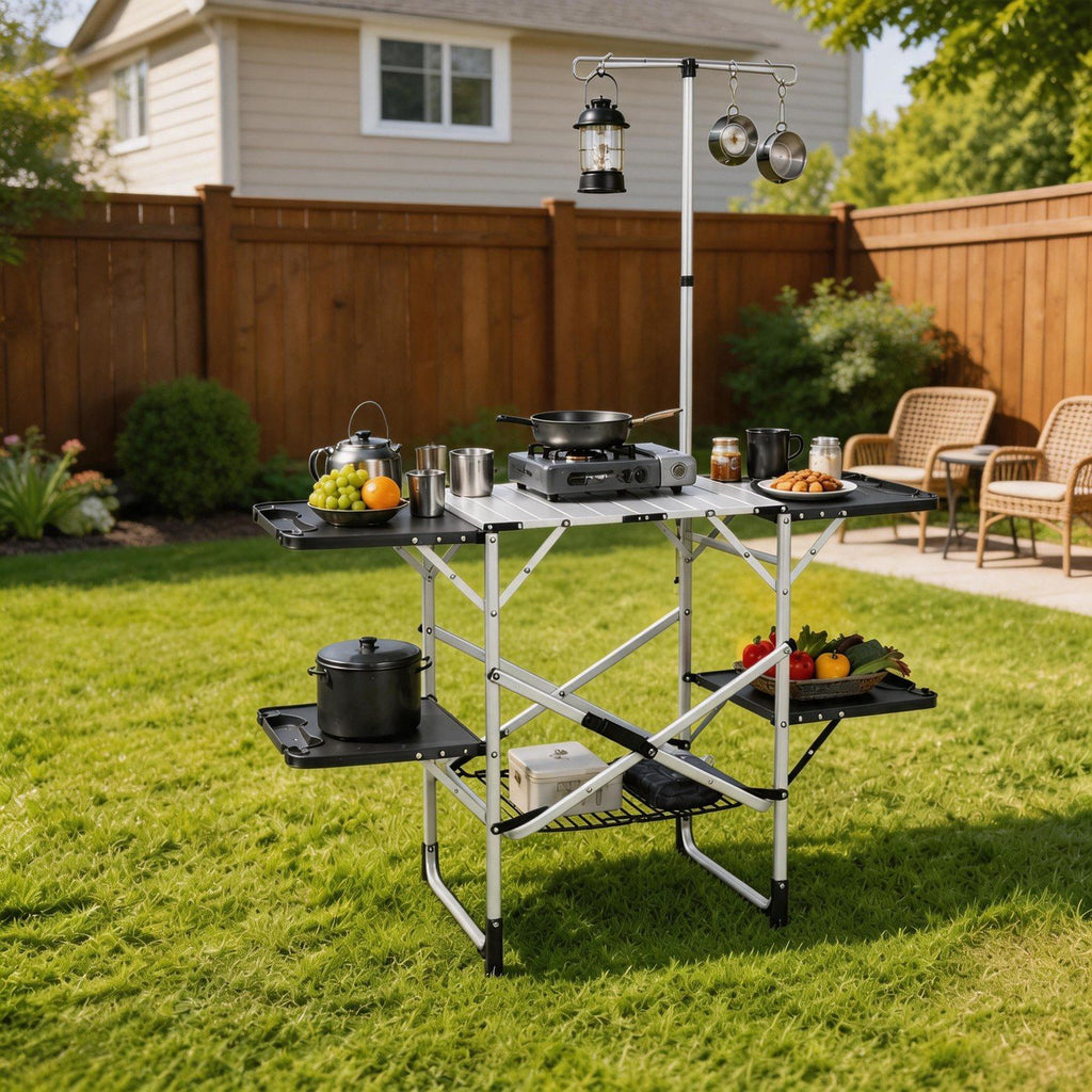 Foldaway Outdoor Cooking Table with Lantern Pole