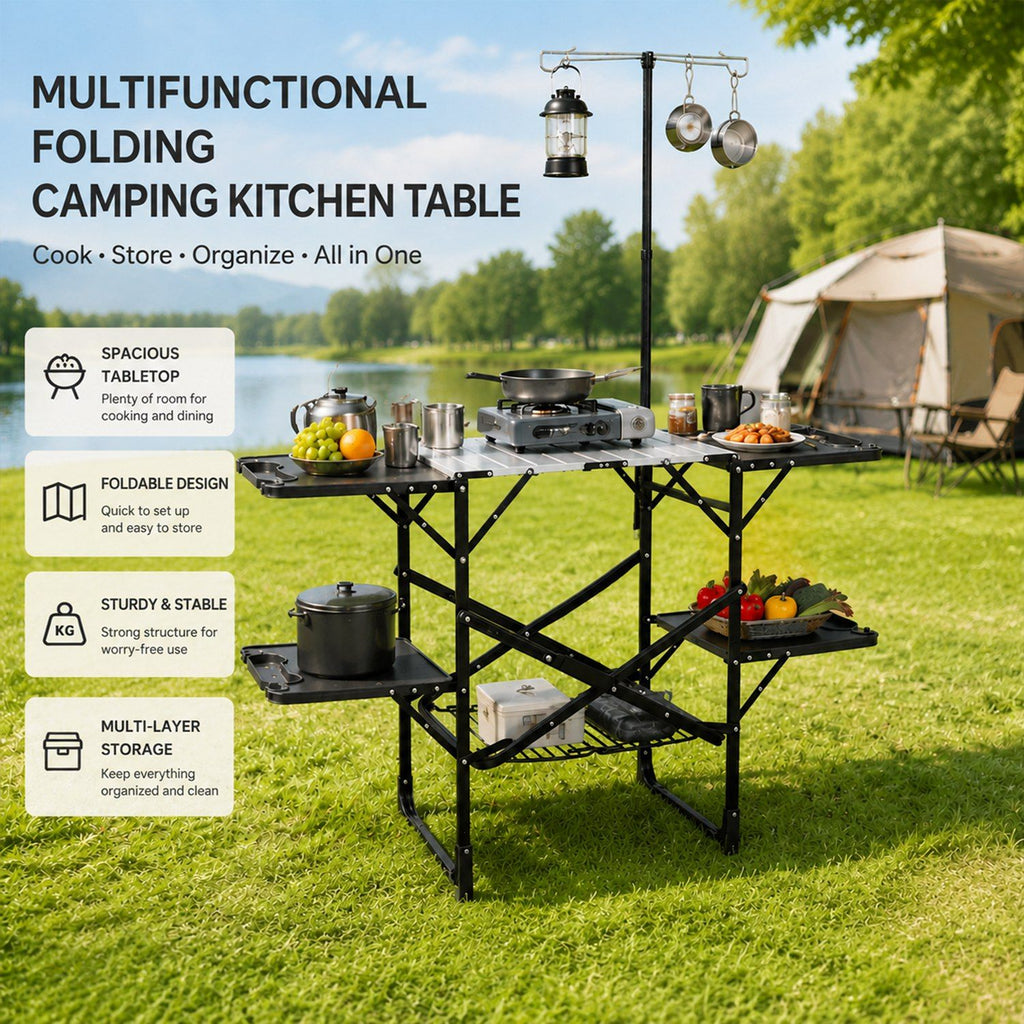Foldaway Outdoor Cooking Table with Lantern Pole
