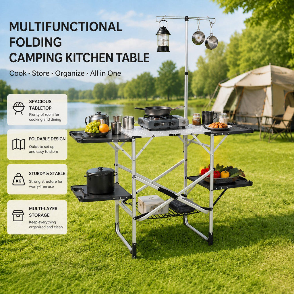 Foldaway Outdoor Cooking Table with Lantern Pole
