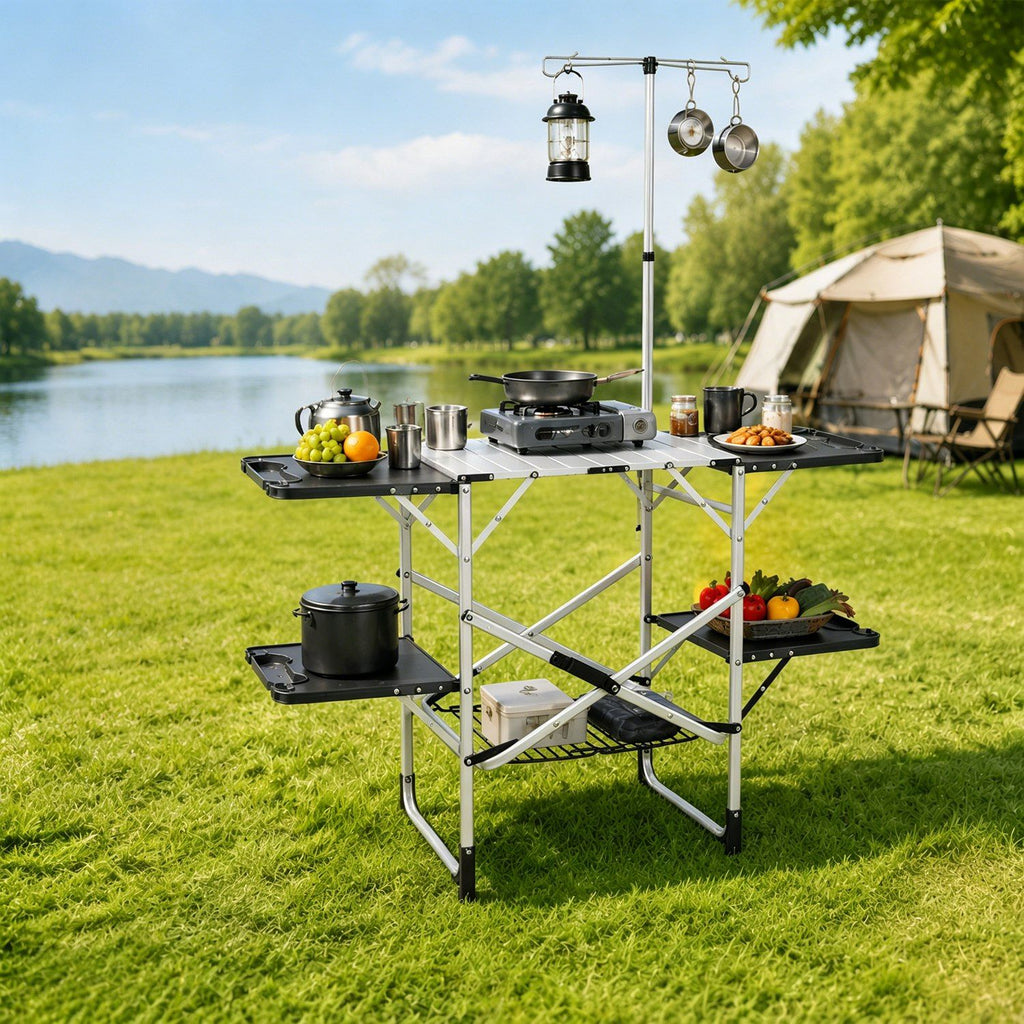 Foldaway Outdoor Cooking Table with Lantern Pole
