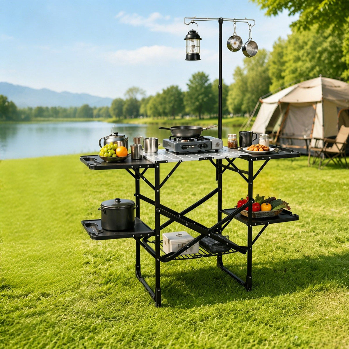 Foldaway Outdoor Cooking Table with Lantern Pole