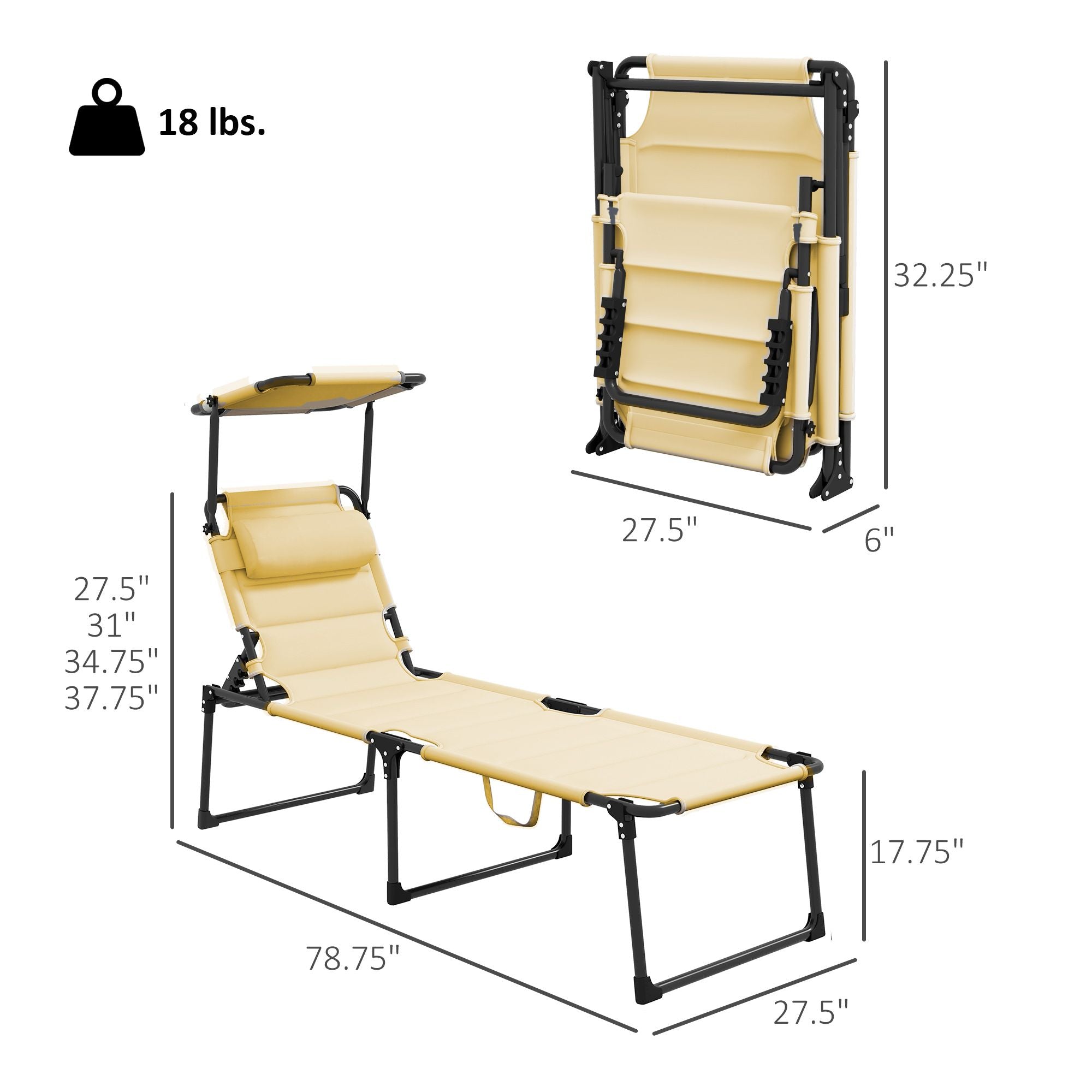 Cream Folding Chaise with Adjustable Awning and Pillow