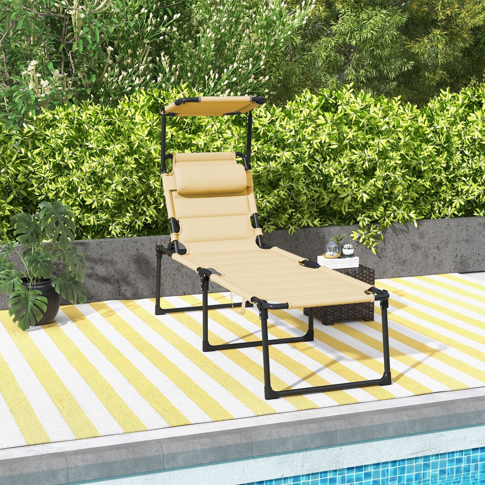 Cream Folding Chaise with Adjustable Awning and Pillow