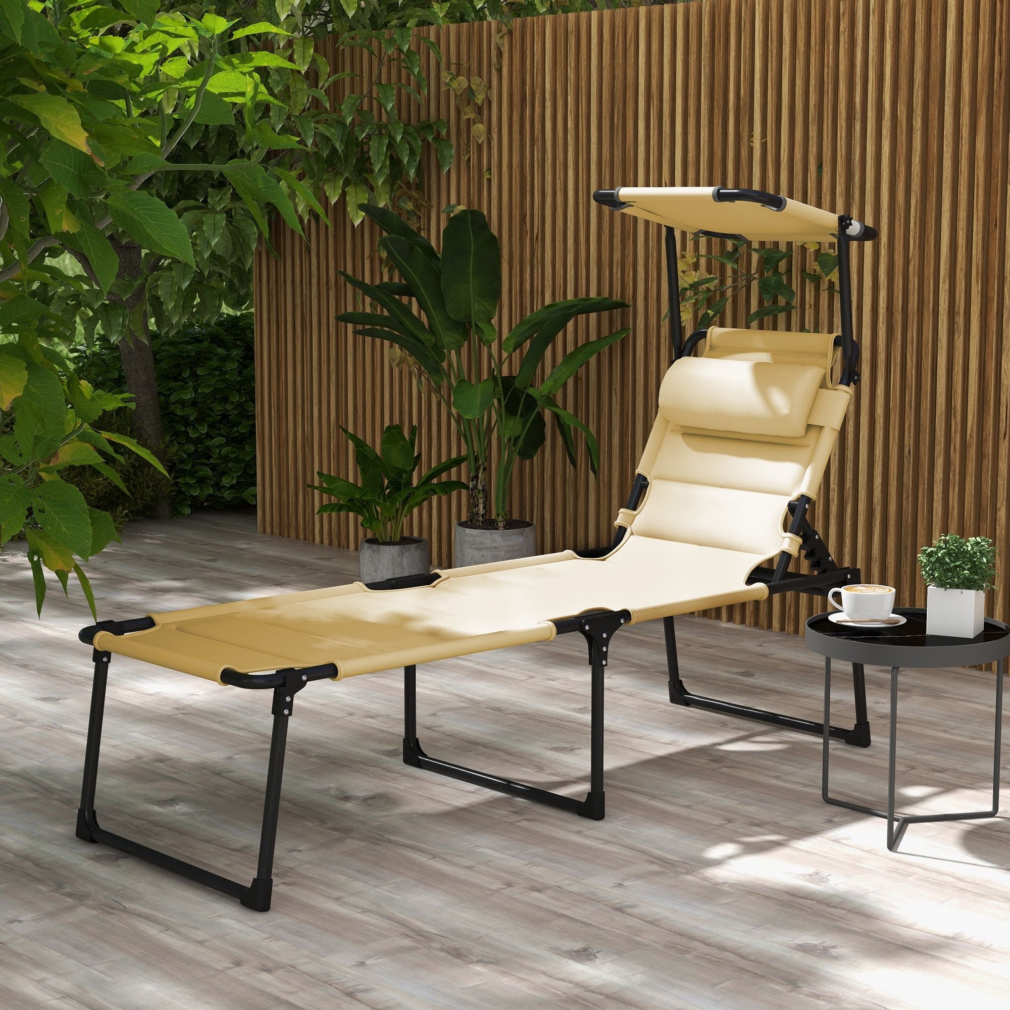Cream Folding Chaise with Adjustable Awning and Pillow