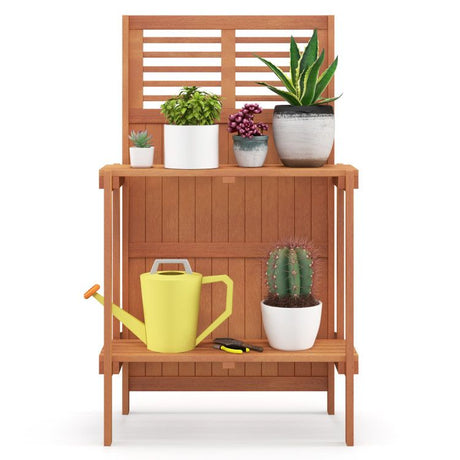Folding Garden Potting Bench with Storage Shelves and Teak Oil Finish
