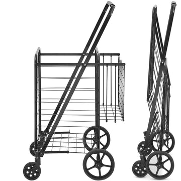 Folding Shopping Cart with Double Baskets, practical Capacity, 360° Swivel Wheels