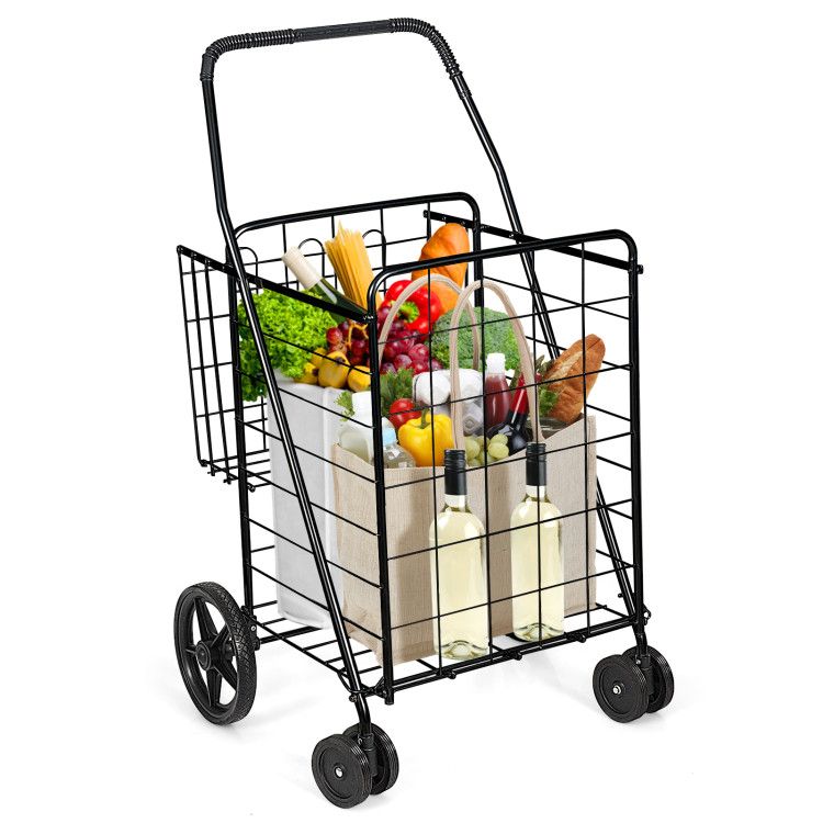 Folding Shopping Cart with Swiveling Wheels and Dual Baskets
