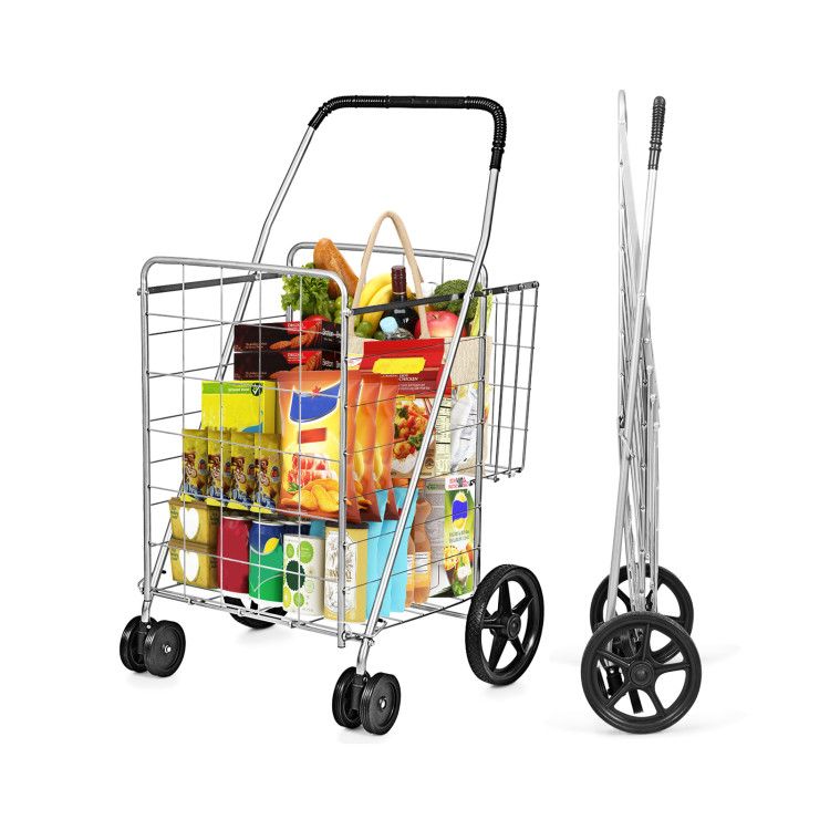 Folding Shopping Cart with Swiveling Wheels and Dual Baskets