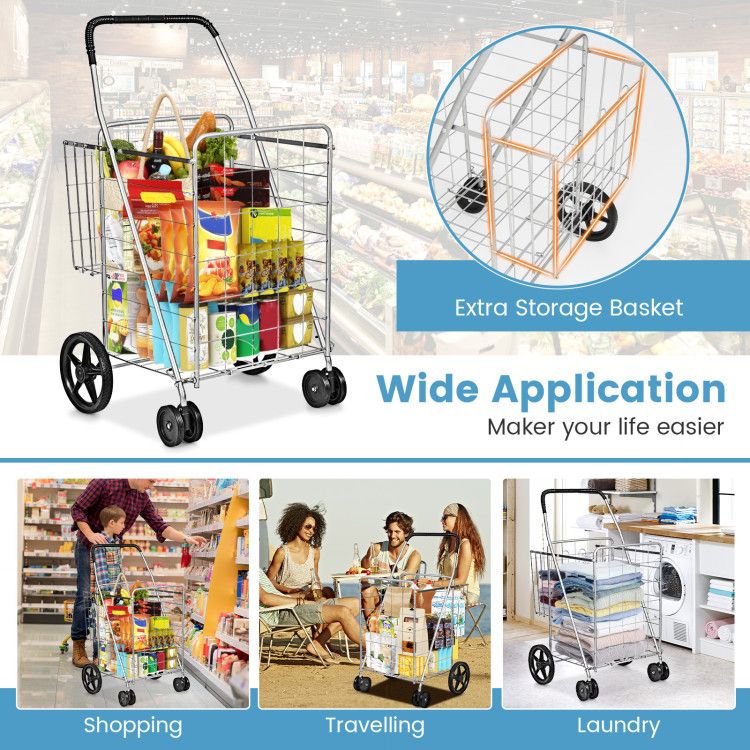 Folding Shopping Cart with Swiveling Wheels and Dual Baskets