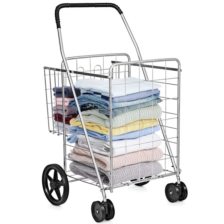 Folding Shopping Cart with Swiveling Wheels and Dual Baskets - Silver
