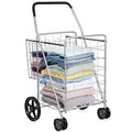 Folding Shopping Cart with Swiveling Wheels and Dual Baskets - Silver