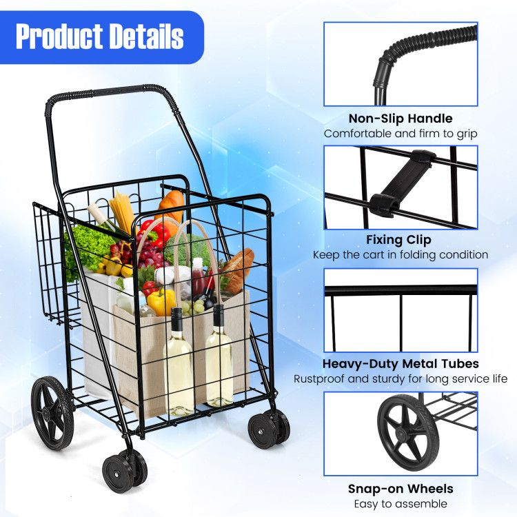 Folding Shopping Cart with Swiveling Wheels and Dual Baskets