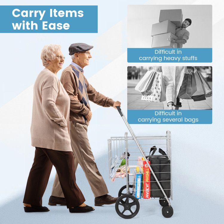 Folding Shopping Cart with Swiveling Wheels and Dual Baskets
