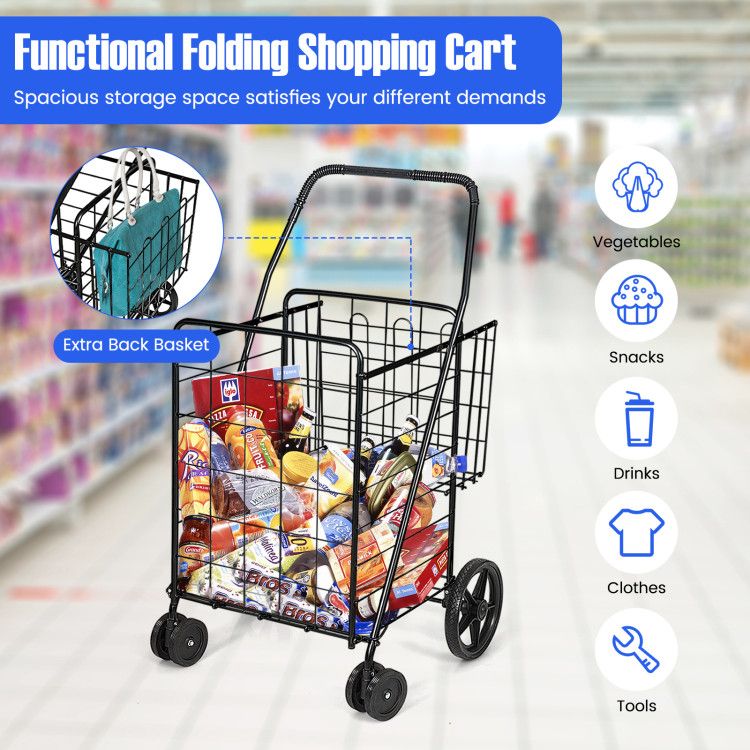 Folding Shopping Cart with Swiveling Wheels and Dual Baskets