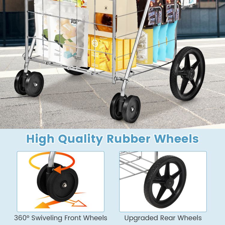 Folding Shopping Cart with Swiveling Wheels and Dual Baskets