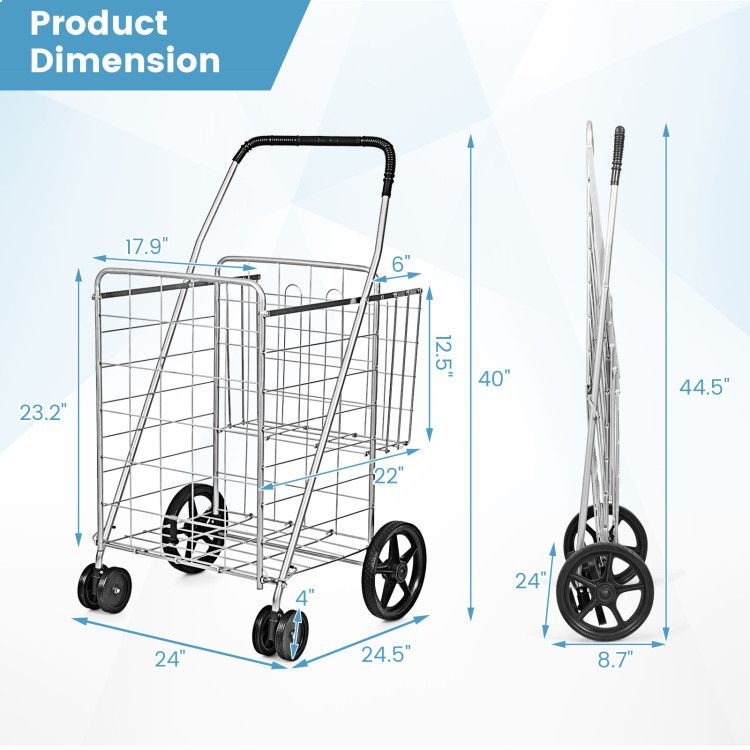 Folding Shopping Cart with Swiveling Wheels and Dual Baskets