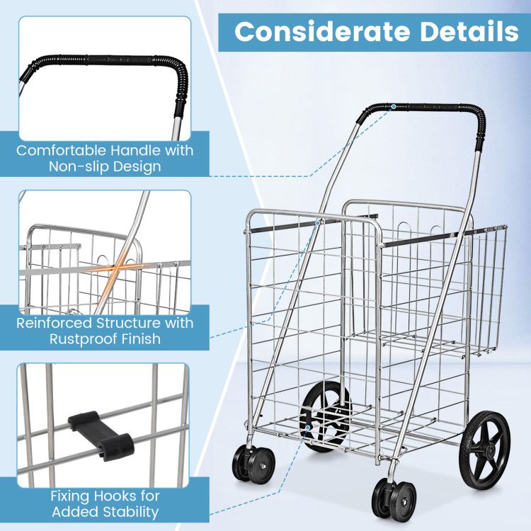 Folding Shopping Cart with Swiveling Wheels and Dual Baskets