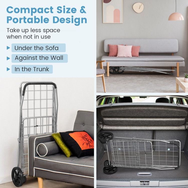 Folding Shopping Cart with Swiveling Wheels and Dual Baskets