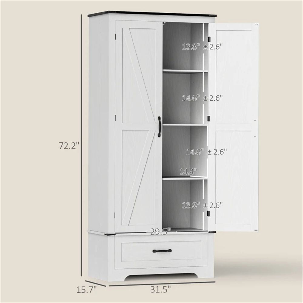 Farmhouse Barn Door Cabinet with Four-Tier Shelves and Drawer