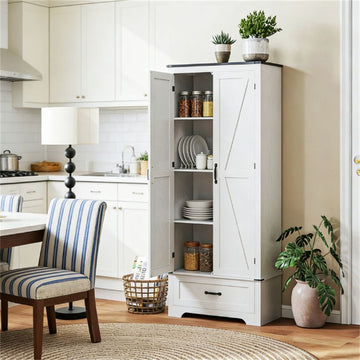 Farmhouse Barn Door Cabinet with Four-Tier Shelves and Drawer