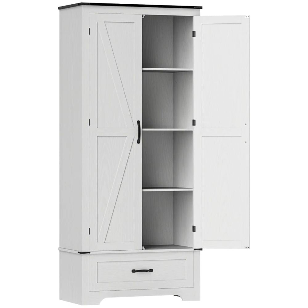 Farmhouse Barn Door Cabinet with Four-Tier Shelves and Drawer