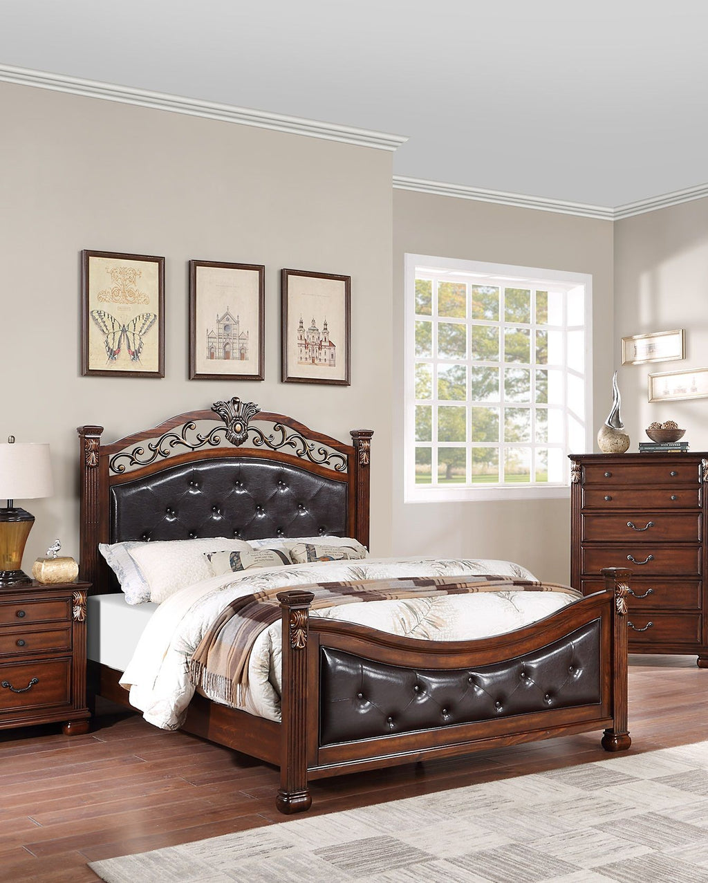 Traditional Dark Cherry California King Tufted Bed