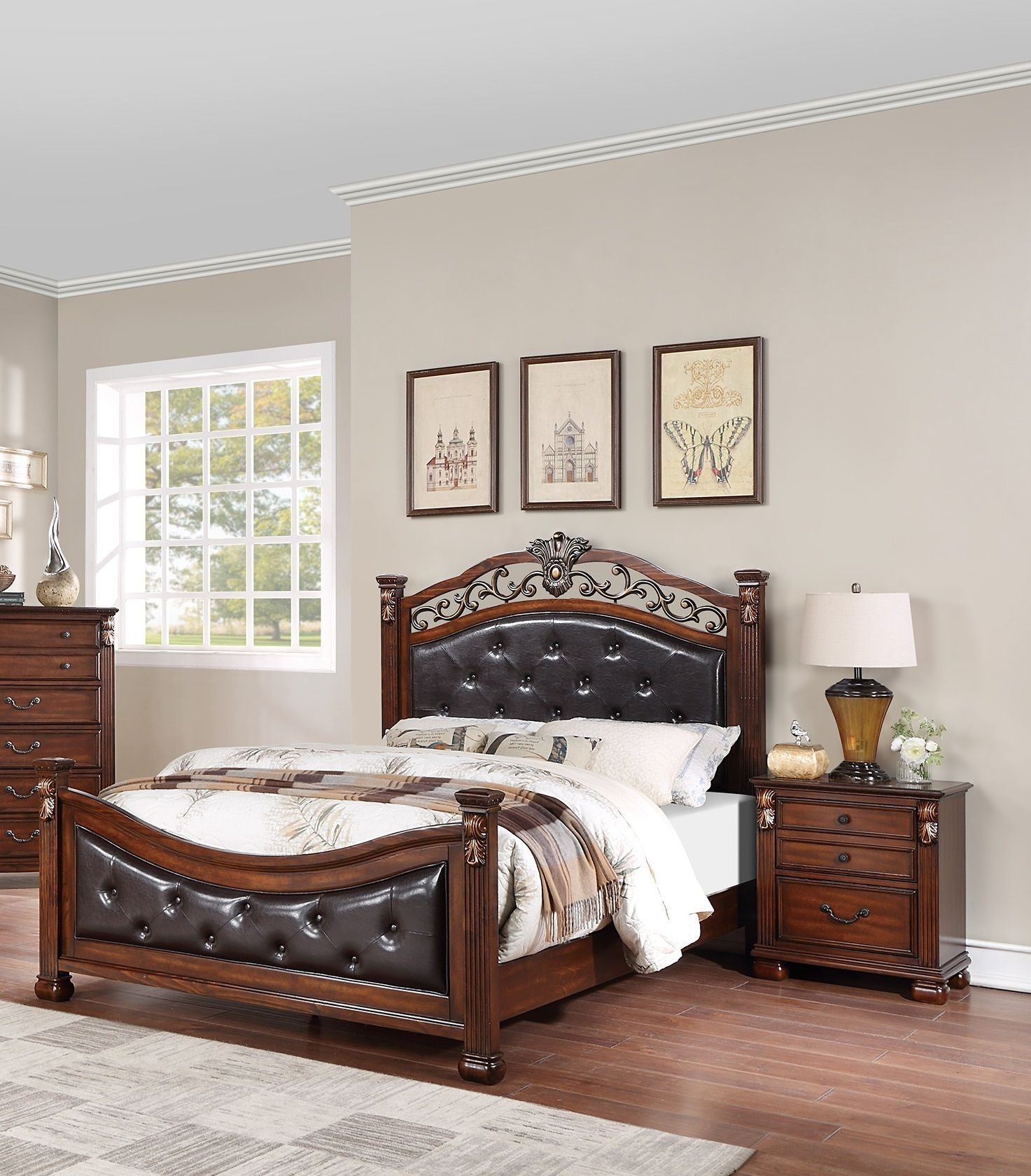 Traditional Dark Cherry California King Tufted Bed
