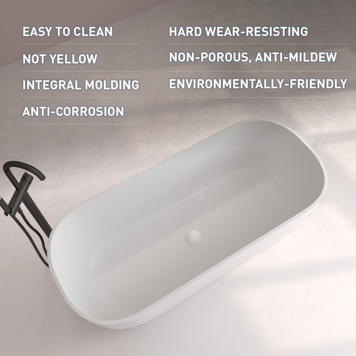 FRALIMK Freestanding Solid Surface Resin Stone Soaking Bathtub - Soft White Matte