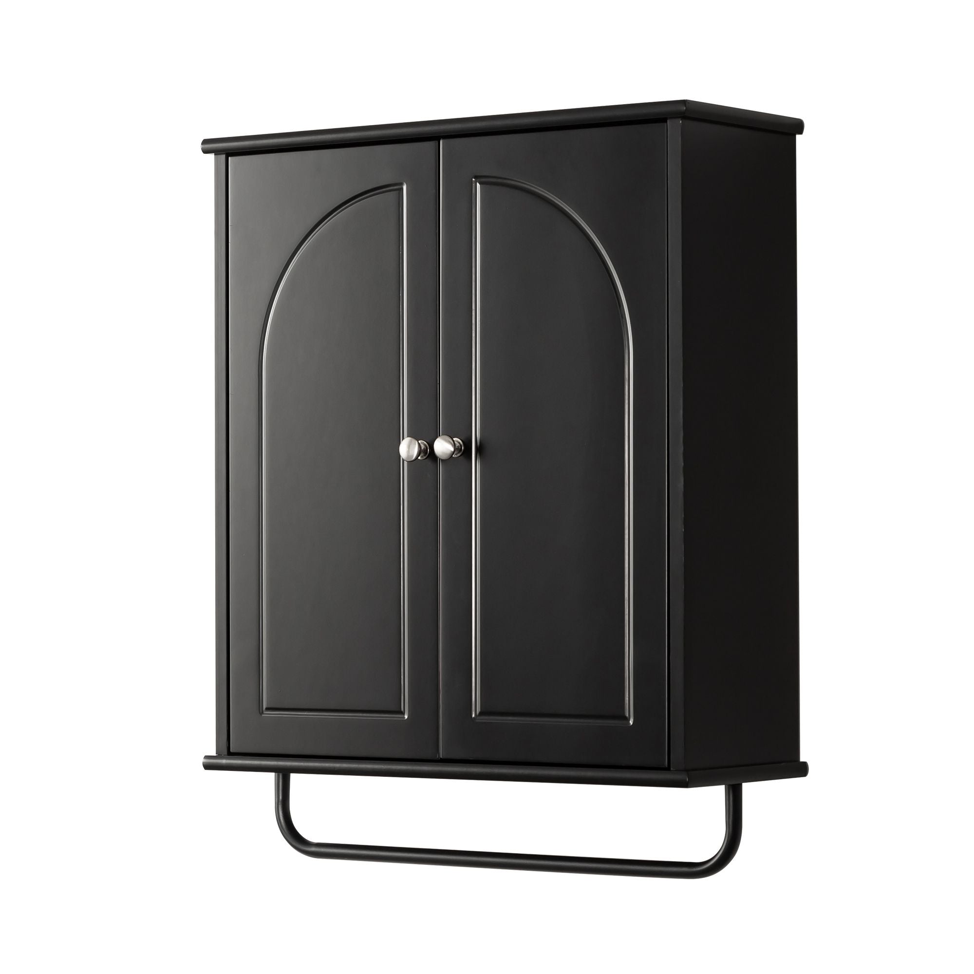 FRALIMK Over-the-Toilet Cabinet with Arched Doors, Soft-Close Hinges, and Towel Bar - Black