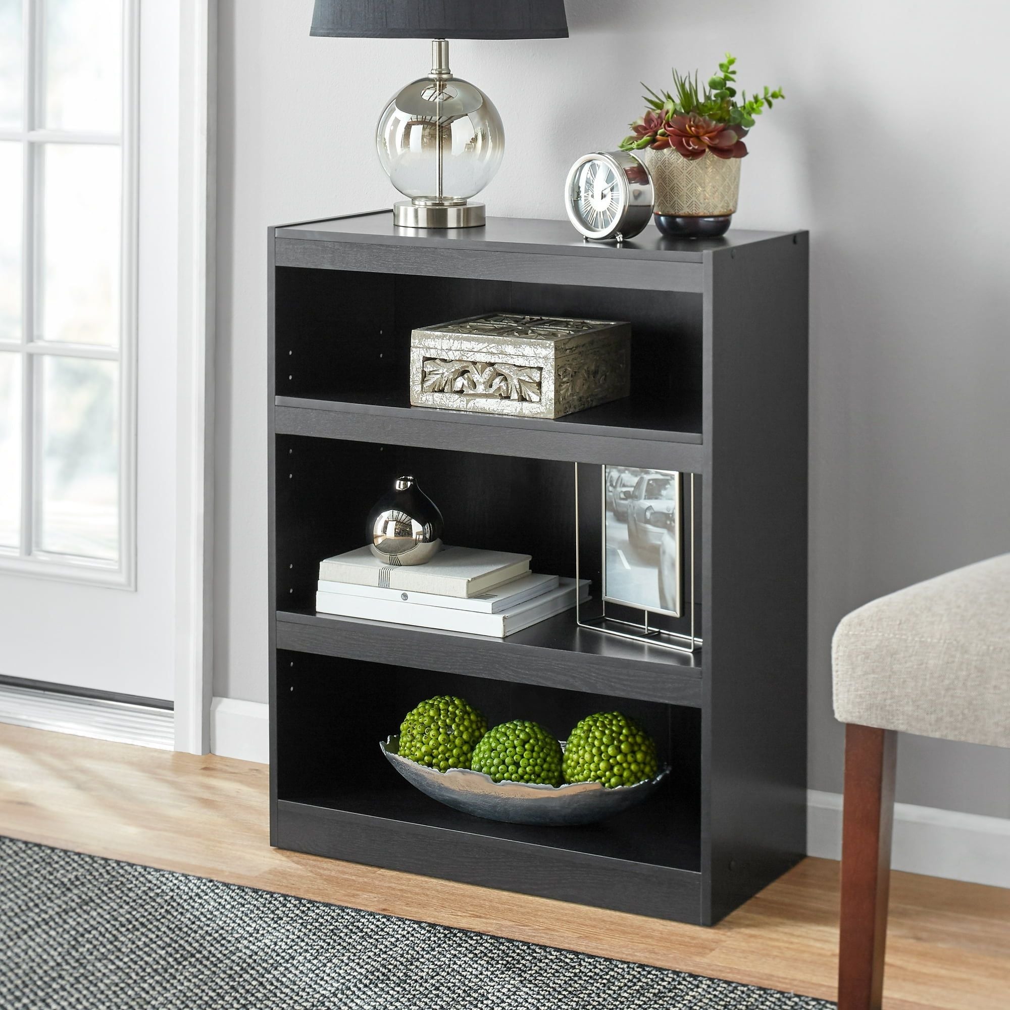Framed 3-Shelf Bookcase with Adjustable Shelves – True Black Oak