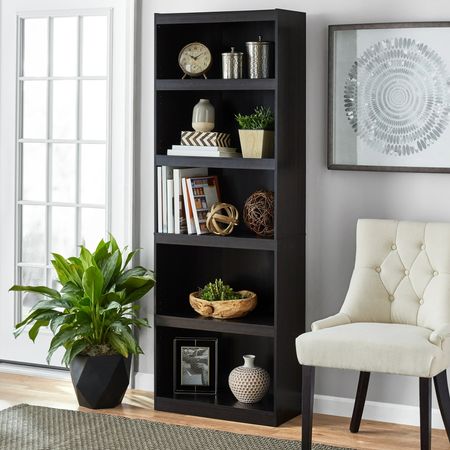 Espresso Five-Shelf Bookcase with Adjustable Layout