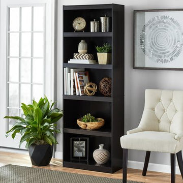 Espresso Five-Shelf Bookcase with Adjustable Layout