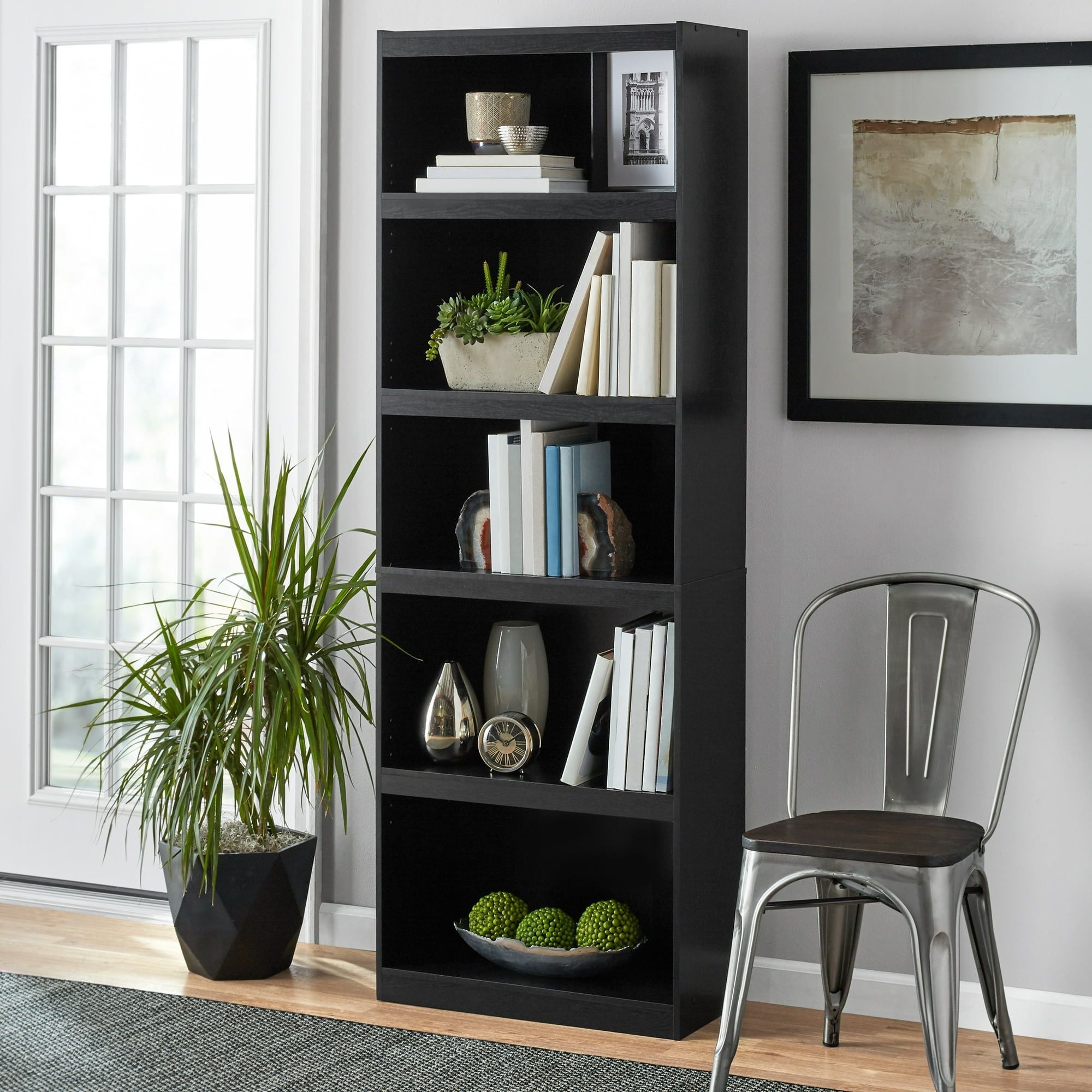 Framed 5-Shelf Bookcase with Adjustable Shelves for Books & Display