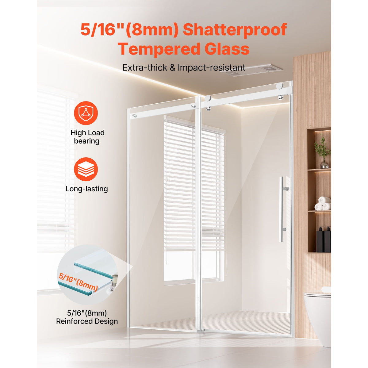 Frameless Sliding Shower Door with Thickened Tempered Glass & Nano Coating