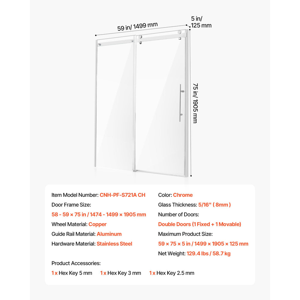 Frameless Sliding Shower Door with Thickened Tempered Glass & Nano Coating