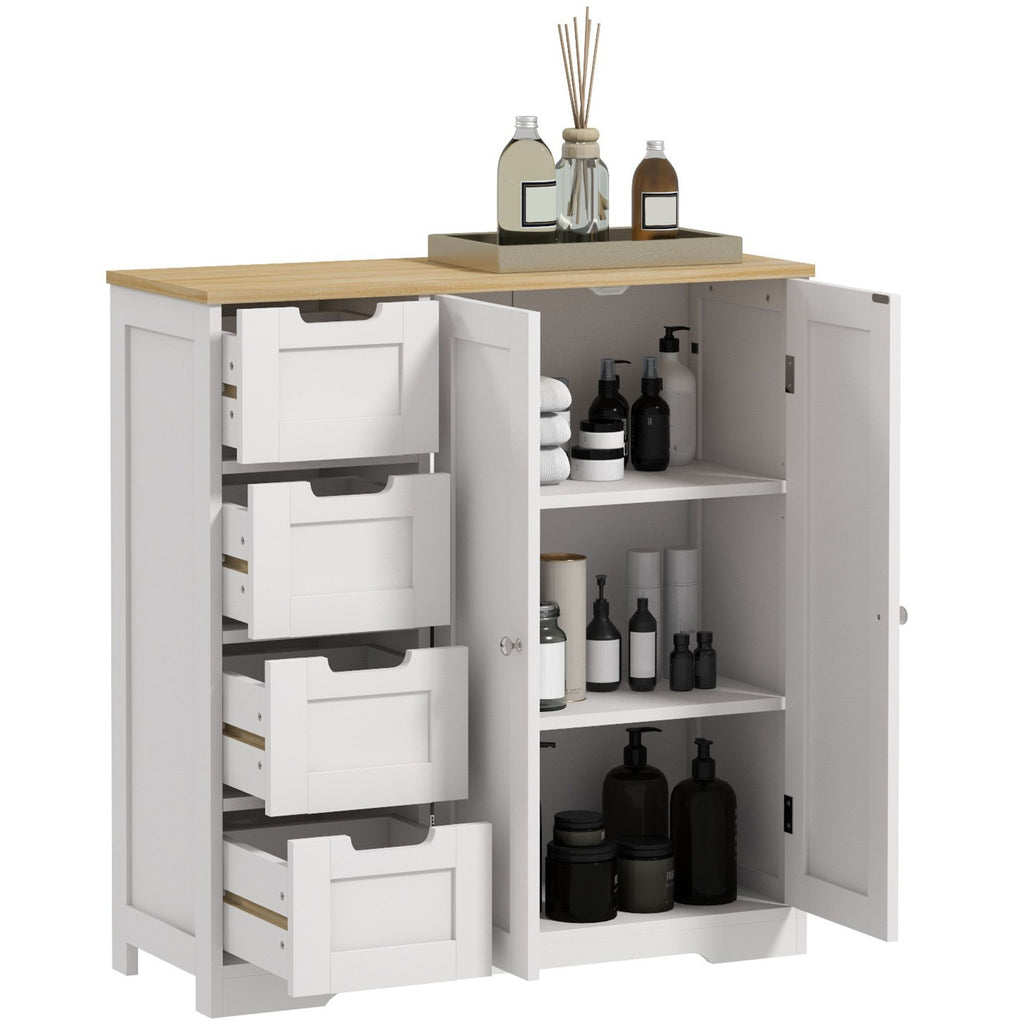 Freestanding Bathroom Floor Cabinet with Adjustable Shelf, 4 Drawers and 2 Doors, White