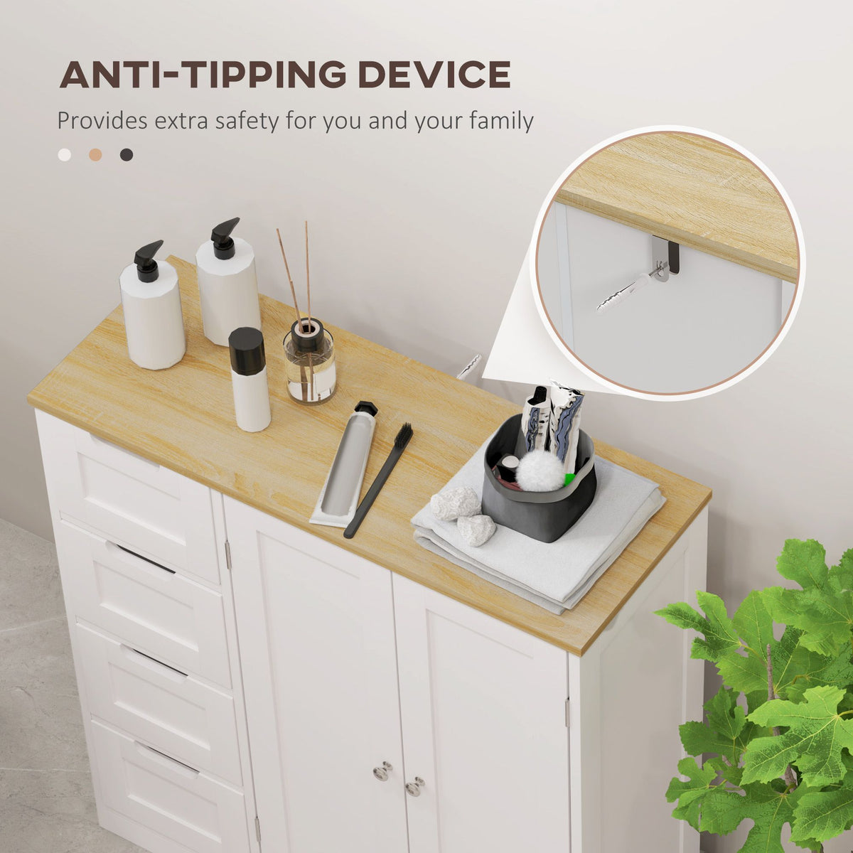 Freestanding Bathroom Floor Cabinet with Adjustable Shelf, 4 Drawers and 2 Doors, White