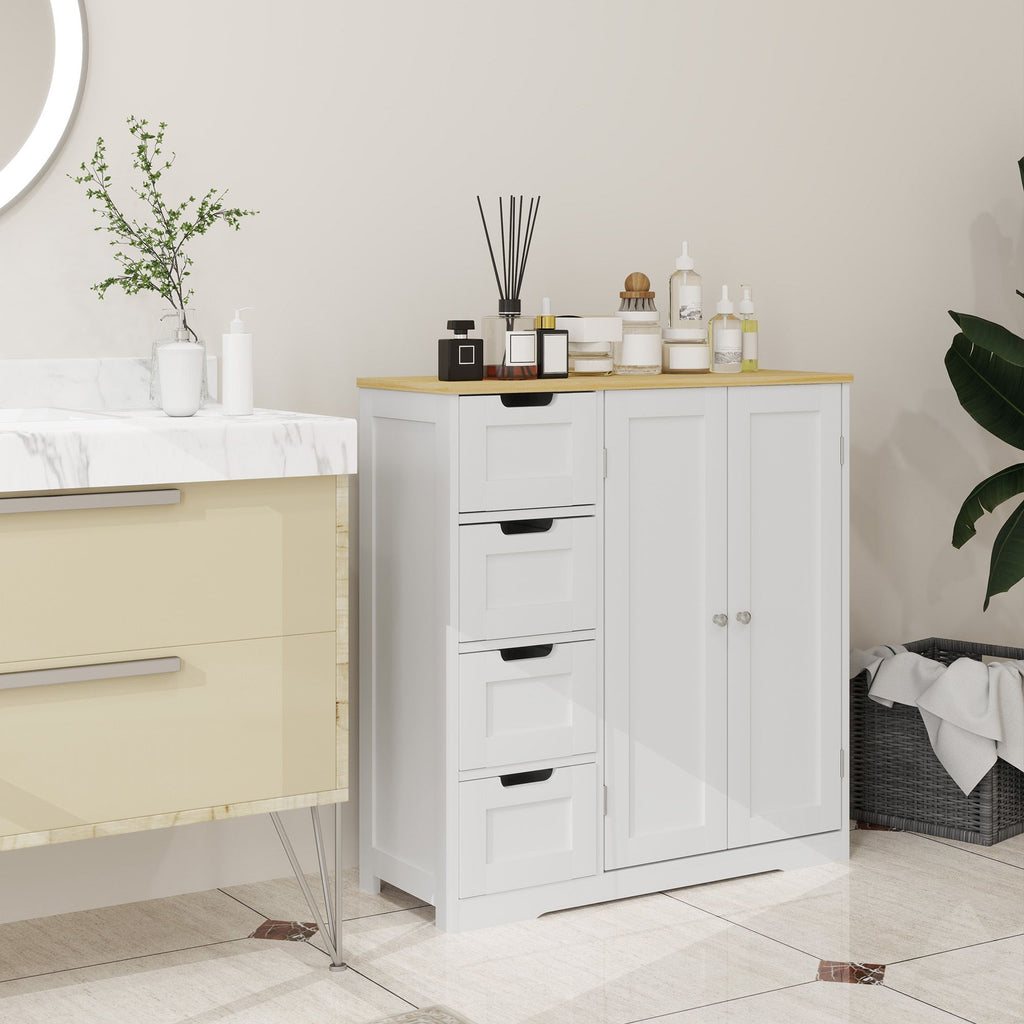 Freestanding Bathroom Floor Cabinet with Adjustable Shelf, 4 Drawers and 2 Doors, White